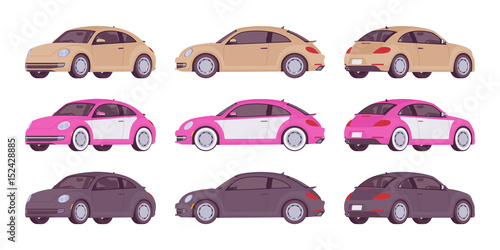 Set of economy car in beige, pink, black color