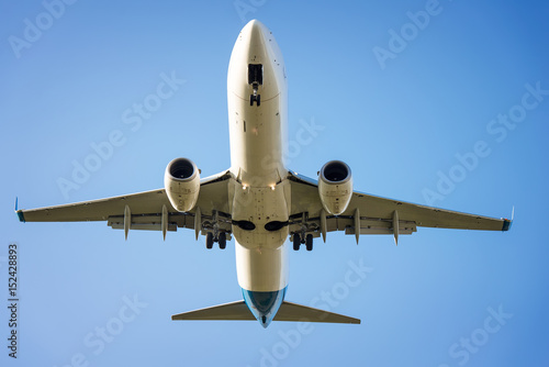 plane flies in the blue sky