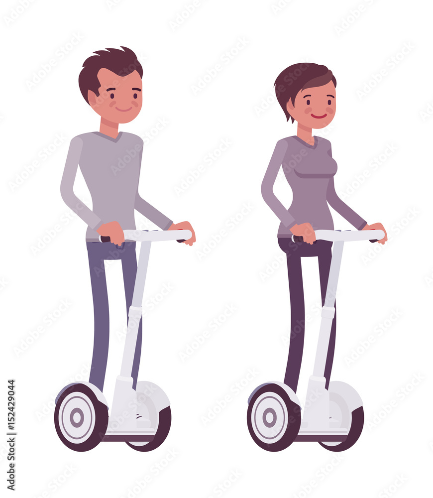 Man and woman riding white electric scooters Man and woman riding white electric scooters