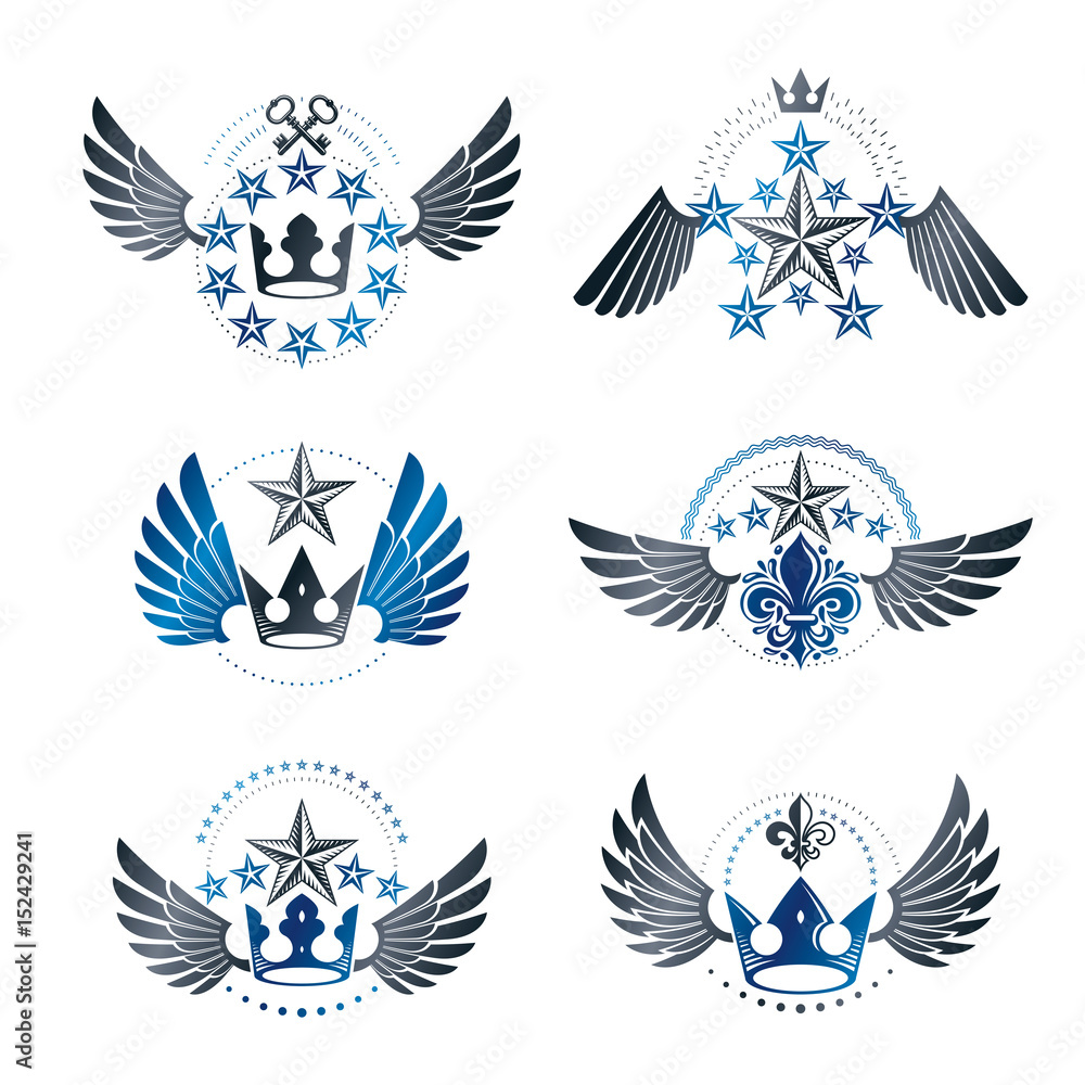 Obraz premium Royal Crowns and Vintage Stars emblems set. Heraldic vector design elements collection. Retro style label, heraldry logo.
