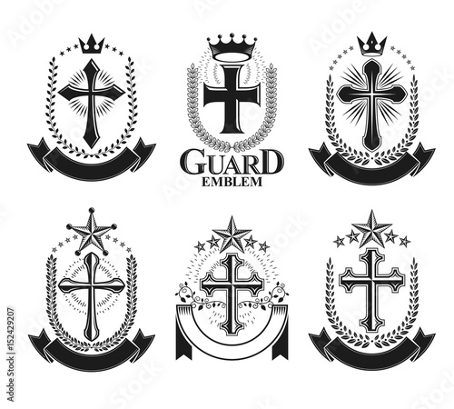 Crosses of Christianity emblems set. Heraldic vector design elements collection. Retro style label, heraldry logo.