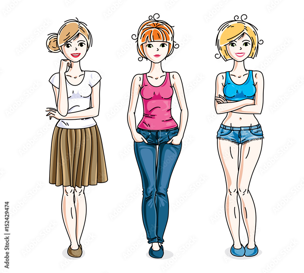 Happy cute young adult girls standing wearing casual clothes. Vector diversity people illustrations set. Happy cute young adult girls standing wearing casual clothes. Vector diversity people illustrations set.
