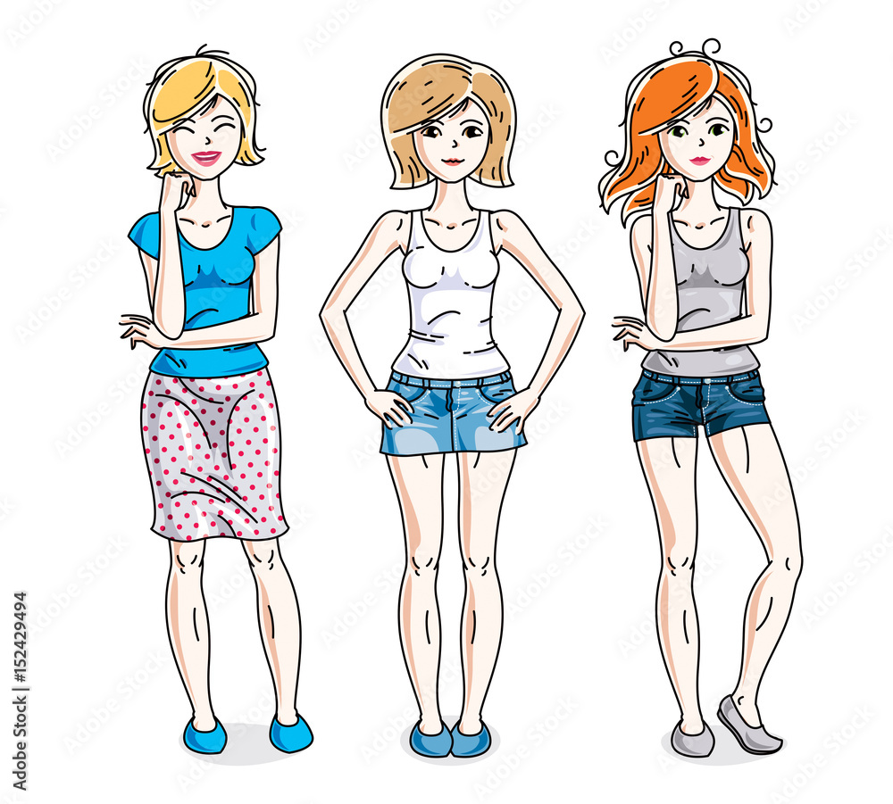 Happy cute young adult girls standing wearing casual clothes. Vector diversity people illustrations set. Happy cute young adult girls standing wearing casual clothes. Vector diversity people illustrations set.