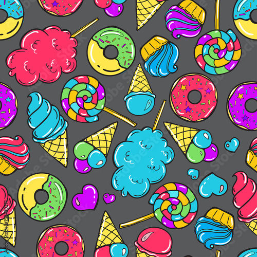 Seamless pattern with candy, donuts sweet icecream and other elements.