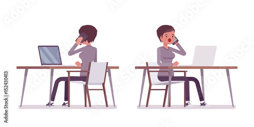 Set of young woman sitting at the desk with laptop