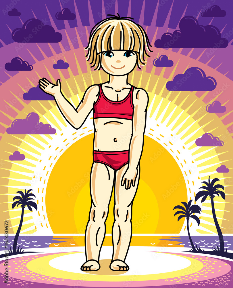 Cute little blonde girl standing on sunset landscape with palms and wearing bath suit. Vector human illustration.