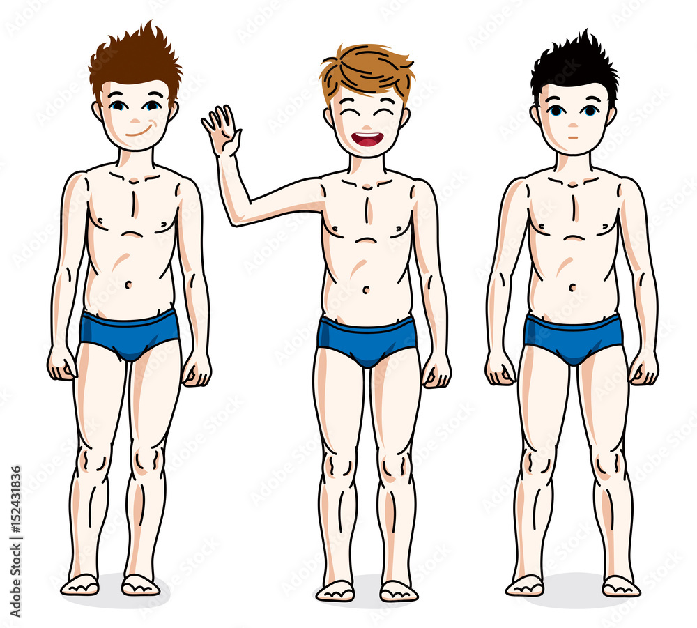 Sweet little boys young teen standing in blue underwear. Vector set of beautiful kids illustrations.