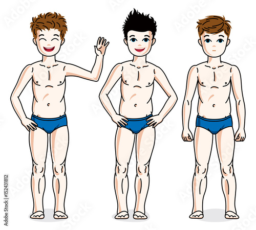 Cute happy young teen boys posing in blue underwear. Vector diversity kids illustrations set. Childhood and family lifestyle cartoons.