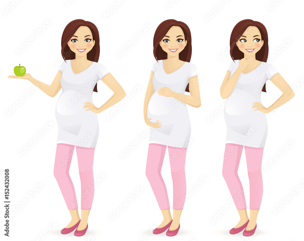 Woman pregnant standing in different poses isolated. Holding green apple, touching her belly, thinking. Woman pregnant standing in different poses isolated. Holding green apple, touching her belly, thinking.