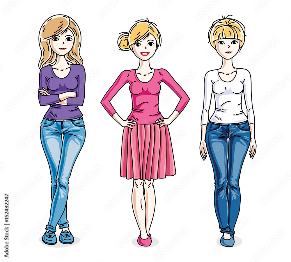 Attractive young women standing wearing fashionable casual clothes. Vector characters set. Attractive young women standing wearing fashionable casual clothes. Vector characters set.