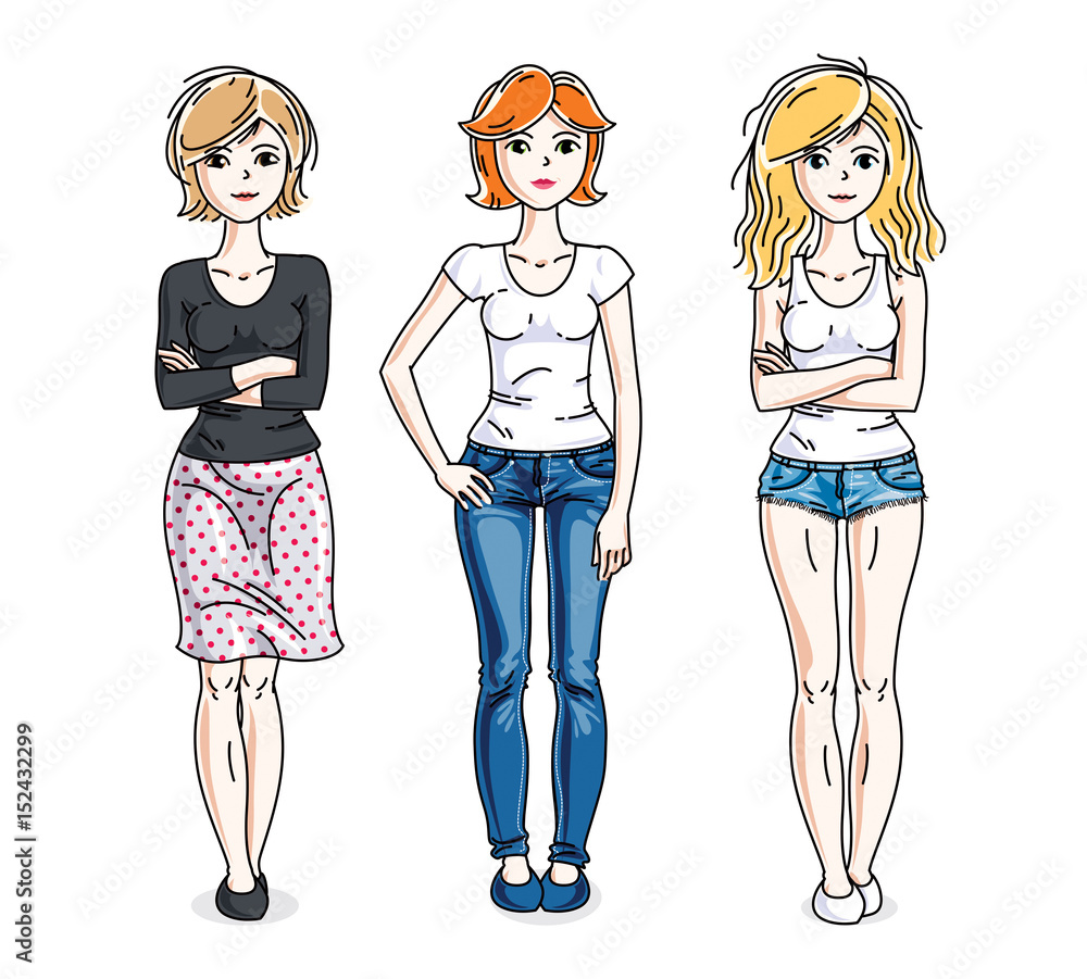 Attractive young women posing wearing casual clothes. Vector diversity people illustrations set. Fashion and lifestyle theme cartoons. Attractive young women posing wearing casual clothes. Vector diversity people illustrations set. Fashion and lifestyle theme cartoons.