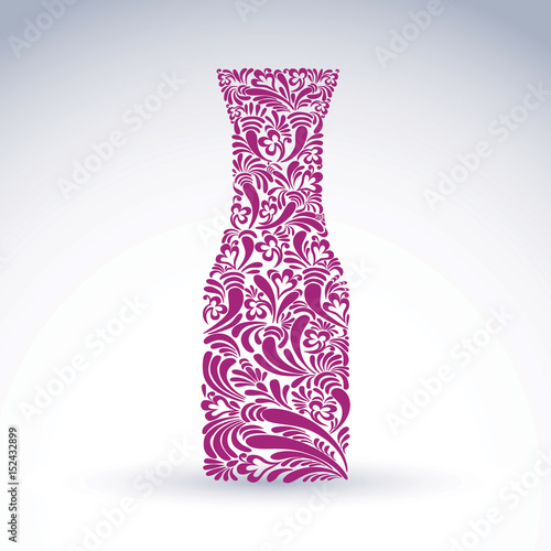 Alcohol theme flower-patterned element, pitcher. Classic bottle with abstract flower pattern and with decorative curls. Leisure and relaxation vector object.