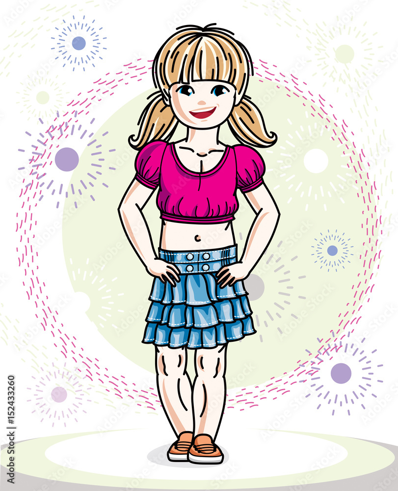 Little blonde cute girl toddler in casual clothes. Vector Illustration of pretty child standing. Little blonde cute girl toddler in casual clothes. Vector Illustration of pretty child standing.
