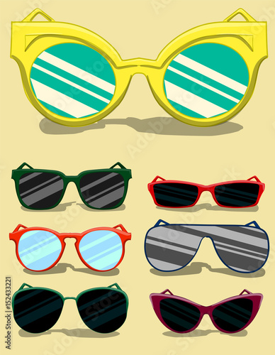 A set of sunglasses in different frames on a beige background. Close-up of glasses in a bright yellow frame eps 10 illustration