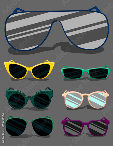 A set of sunglasses in different frames on a gray background. Close-up shows brutal glasses in a blue frame eps 10 illustration