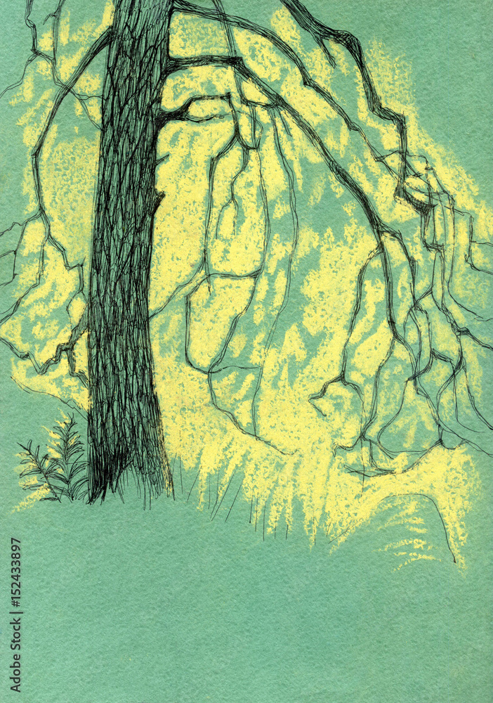 Stylized summer tree. Sketch on green background. Stylized summer tree. Sketch on green background.