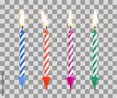 Realistic burning birthday cake candles set isolated on transparent checkered background. Vector illustration. photo