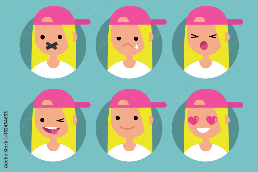 Millennial blonde girl profile pics / Set of flat vector portraits. taped mouth, crying, yelling, winking and sticking out tongue, smiling, in love Millennial blonde girl profile pics / Set of flat vector portraits. taped mouth, crying, yelling, winking and sticking out tongue, smiling, in love