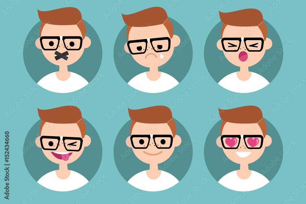 Nerd boy profile pics / Set of flat vector portraits. taped mouth, crying, yelling, winking and sticking out tongue, smiling, in love Nerd boy profile pics / Set of flat vector portraits. taped mouth, crying, yelling, winking and sticking out tongue, smiling, in love