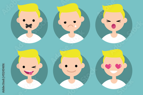 Young blond boy profile pics / Set of flat vector portraits. taped mouth, crying, yelling, winking and sticking out tongue, smiling, in love