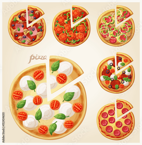 Pizza top view set. Italian whole pizza with slices. Set 2