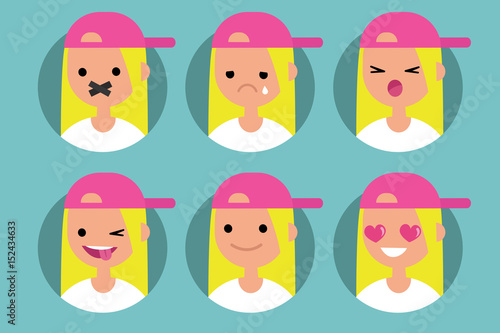 Millennial blonde girl profile pics / Set of flat vector portraits. taped mouth, crying, yelling, winking and sticking out tongue, smiling, in love