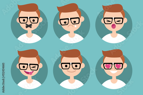 Nerd boy profile pics / Set of flat vector portraits. taped mouth, crying, yelling, winking and sticking out tongue, smiling, in love