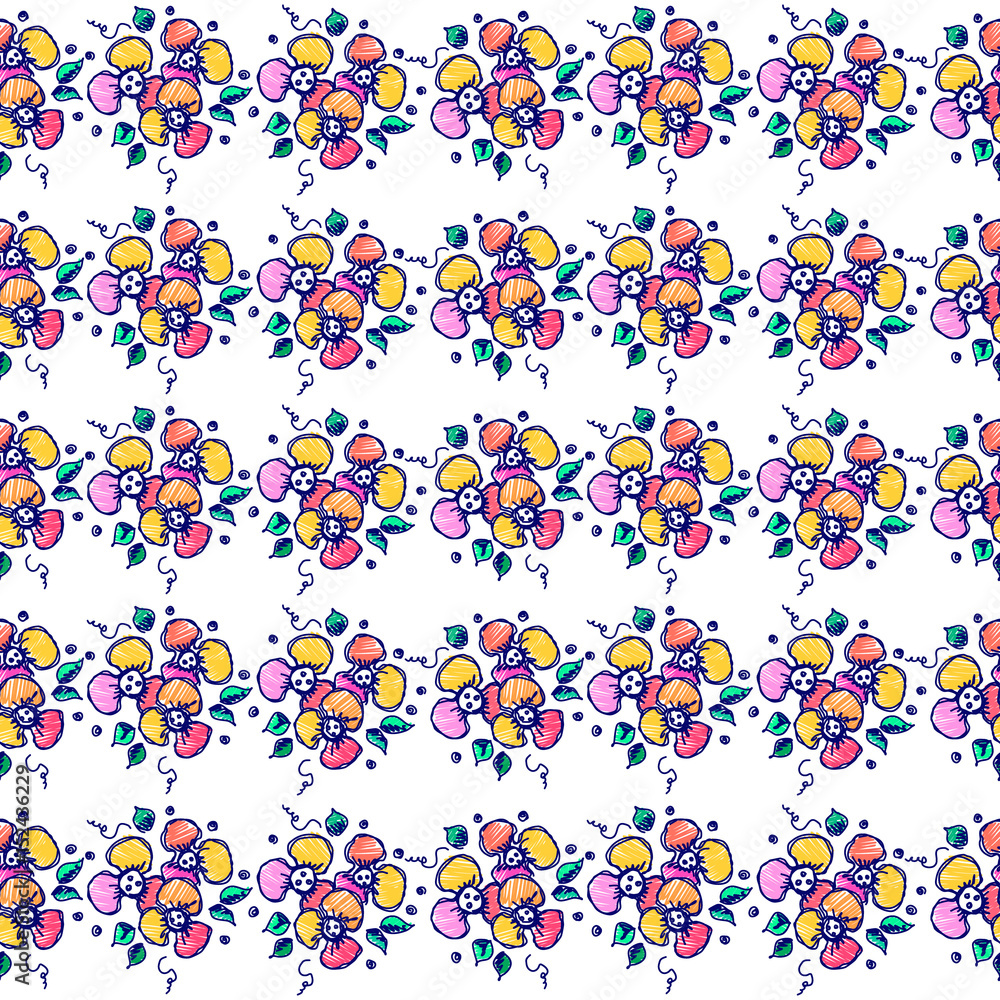 Seamless vector hand drawn floral pattern. Colorful Background with flowers, leaves. Decorative cute graphic line drawing illustration. Print for wrapping, background, fabric, decor, textile, surface