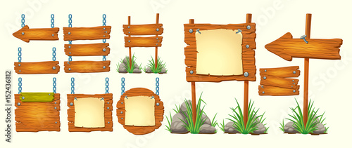 Set of vector cartoon illustrations wooden signs various forms, components for game development, gui design elements