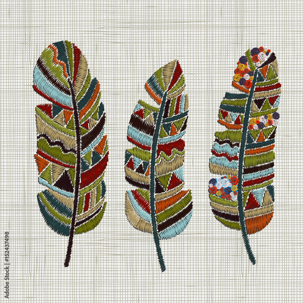 Embroidered feathers. Colorful hoop art. Boho, crafts, hand embroidery  patterns. Hand drawn doodles, indian navajo patterns. Linen cloth texture.  Vector. Stock Vector | Adobe Stock