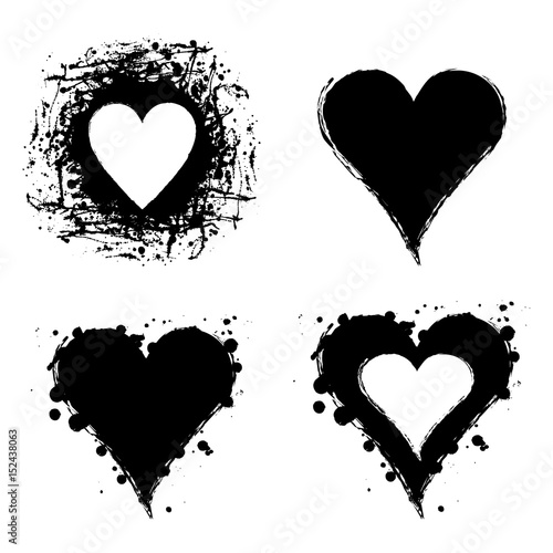 Set of vector graphic grunge illustrations of heart, sign with ink blot, brush strokes, drops isolated on the white background. Series of artistic illustration with splash, blots and brush strokes.