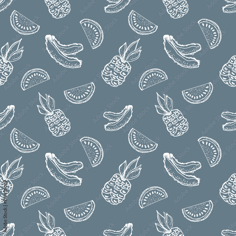 Seamless vector pattern. Hand drawn fruits illustration of banana, pineapple, watermelon Line drawing. Print for wallpaper, background, surface, fabric, decor Seamless vector pattern. Hand drawn fruits illustration of banana, pineapple, watermelon Line drawing. Print for wallpaper, background, surface, fabric, decor