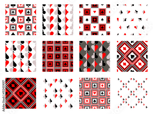 Set of seamless vector patterns with icons of playings cards. Endless backgrounds. Graphic illustration. Series of gaming and dambling seamless vector patterns.