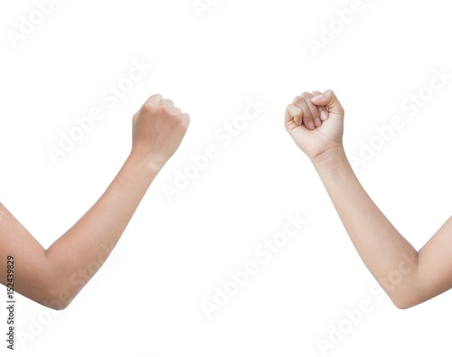 The right back and front side hand of the woman show Rock Paper Scissors sign for find the winners fair in the game. show rock or hammer sign. isolated on white background.