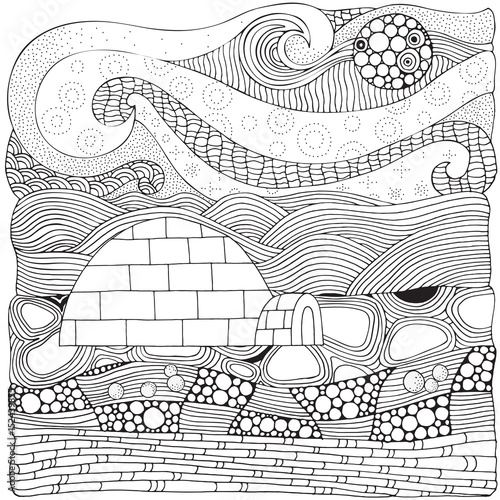 Igloo and artistic winter, Christmas, Antarctica pattern. Vector. Polar lights. Coloring book page for adult. Hand-drawn, ethnic, doodle, zentangle, zen art. Pattern for coloring book.
