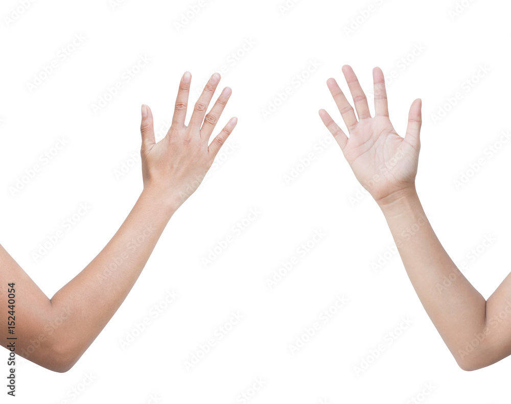 The right back and front side hand of the woman show Rock Paper Scissors sign for find the winners fair in the game. show paper sign. isolated on white background. The right back and front side hand of the woman show Rock Paper Scissors sign for find the winners fair in the game. show paper sign. isolated on white background.