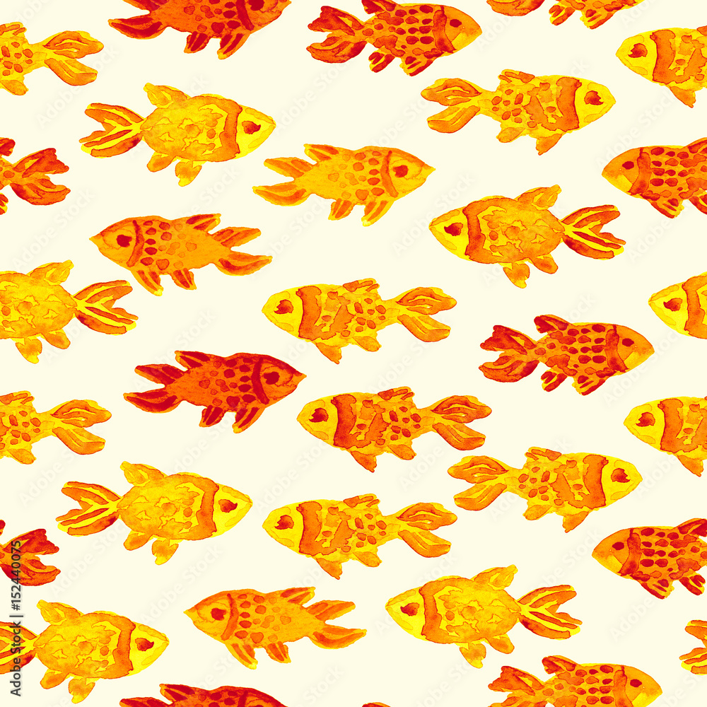 Bright seamless pattern with goldfish. Watercolor hand drawn kids illustration. Hand drawn seamless pattern (tiling) with Fishes. Doodle style.  Isolated objects on a white background.
