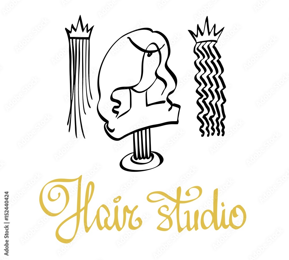 Vector silhouette of woman model portrait with hairstyle and vintage brush  with hair and hand written text Hair studio on white background. Logo  design, calligraphy font with words for poster, banner Stock