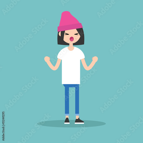 Young yelling furious girl with clenched fists  / flat editable vector illustration