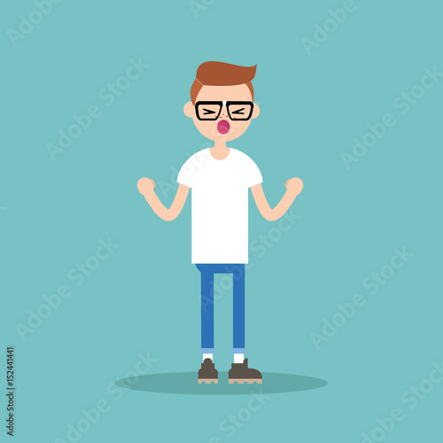 Young yelling furious nerd with clenched fists / flat editable vector illustration