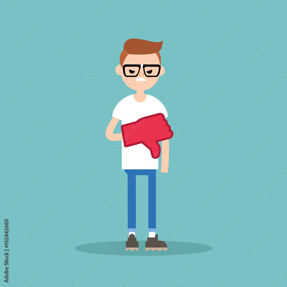 Dislike concept. Displeased nerd boy wearing foam finger / editable flat vector illustration Dislike concept. Displeased nerd boy wearing foam finger / editable flat vector illustration