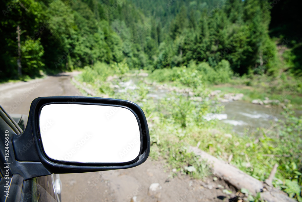 the rear-view mirror in a car as a background