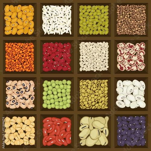 Dried legumes and cereals in a brown wooden storage box