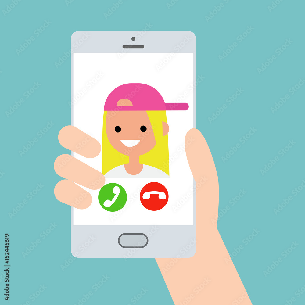 Hand holding a smart phone. Incoming call from funny teenage millennial girl/ flat vector illustration Hand holding a smart phone. Incoming call from funny teenage millennial girl/ flat vector illustration