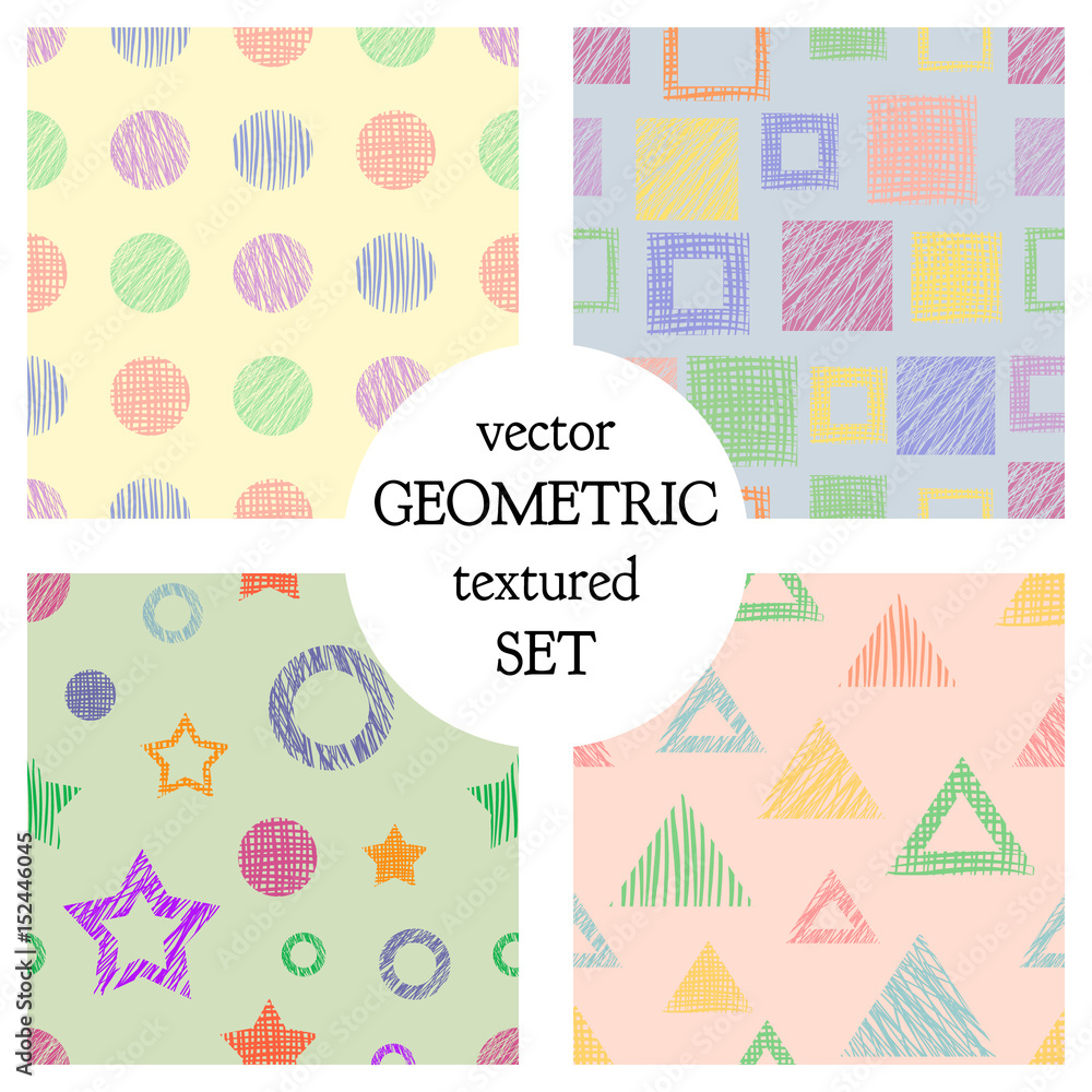 Set of seamless vector geometrical patterns with different geometric figures, forms. pastel endless background with hand drawn textured geometric figures. Graphic vector illustration Set of seamless vector geometrical patterns with different geometric figures, forms. pastel endless background with hand drawn textured geometric figures. Graphic vector illustration