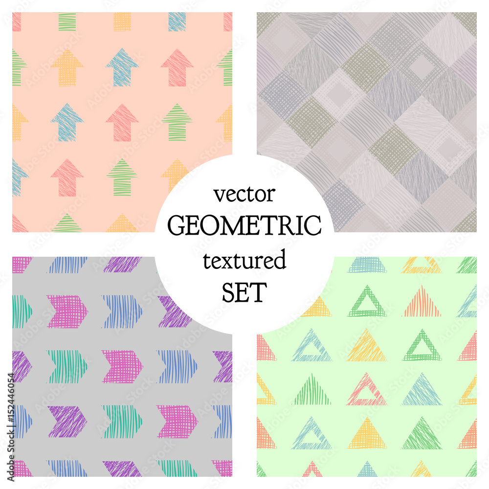 Set of seamless vector geometrical patterns with different geometric figures, forms. pastel endless background with hand drawn textured geometric figures. Graphic vector illustration Set of seamless vector geometrical patterns with different geometric figures, forms. pastel endless background with hand drawn textured geometric figures. Graphic vector illustration