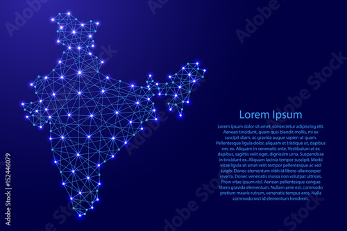 Map of India from polygonal blue lines and glowing stars vector illustration