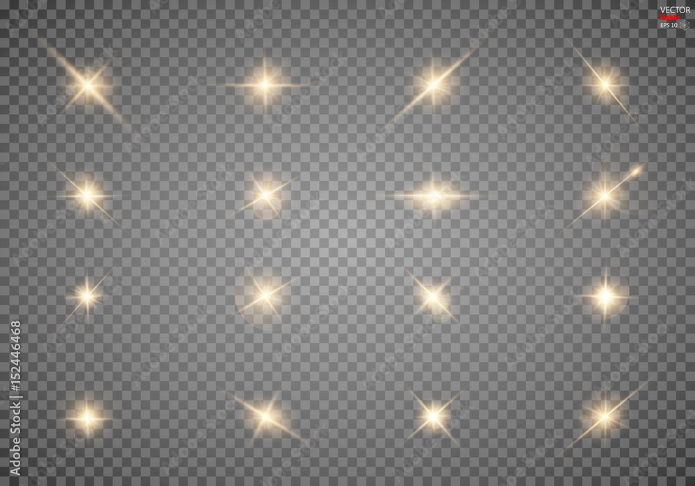 Set. Shining star, the sun particles and sparks with a highlight effect, golden bokeh lights glitter and sequins. On a dark background transparent. Vector, EPS10 Set. Shining star, the sun particles and sparks with a highlight effect, golden bokeh lights glitter and sequins. On a dark background transparent. Vector, EPS10