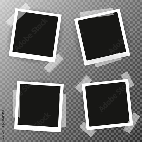 four Retro blank photography with a black place for your image in a photo album page. photo frame with shadow Sticked on tape on a transparent background for your object. Vector illustration