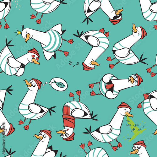 Cartoon seagull seamless pattern, vector design